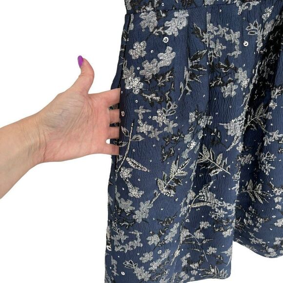 Theia Metallic Floral Jacquard A-Line Dress Knee Length Beaded Sequin Blue 2 - Picture 7 of 15